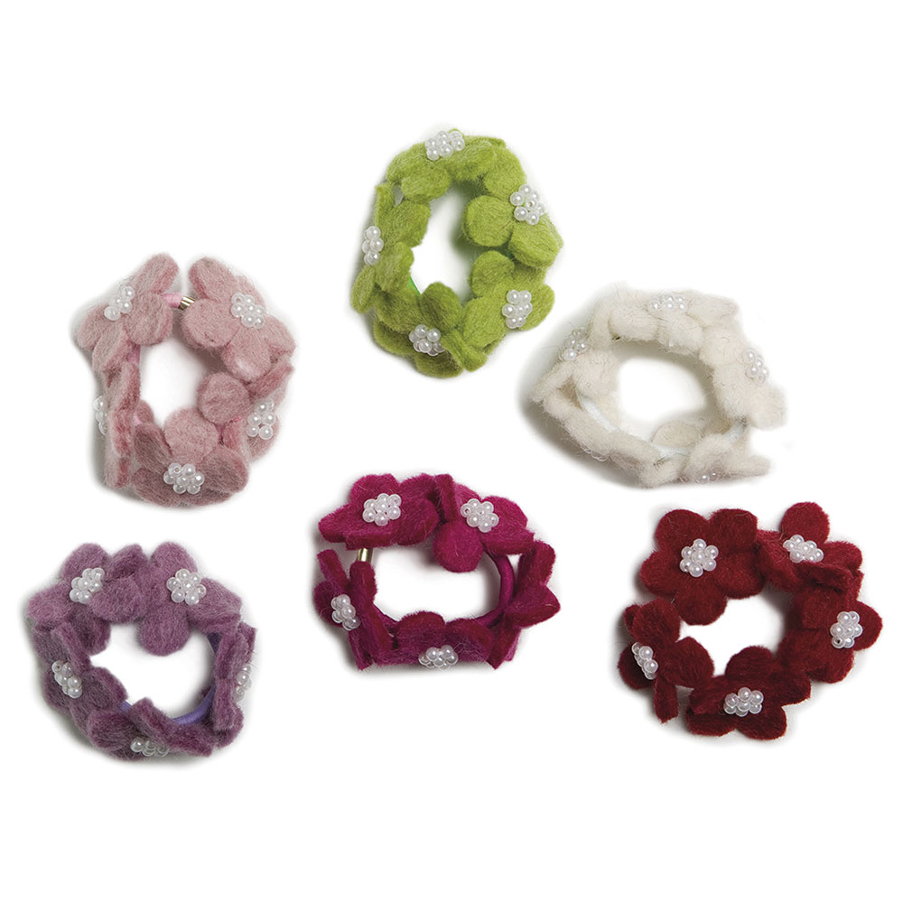 Hårelastik, blomst m. perler, alle 6 farver