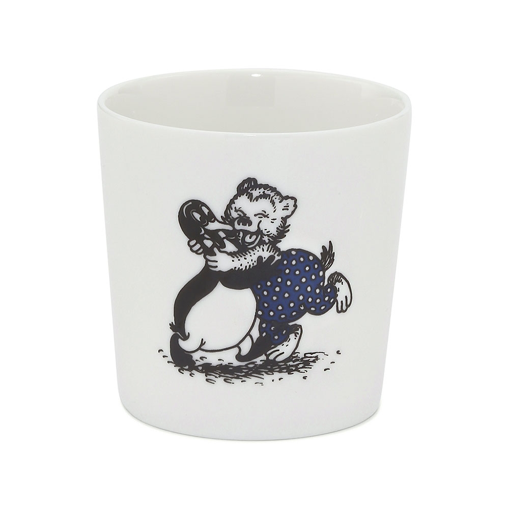 Krus, hvid porcelæn, sort/blå print*