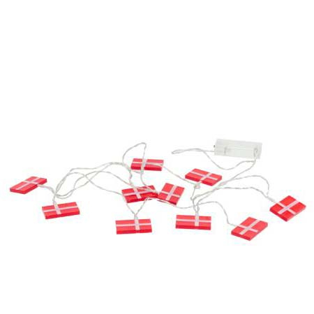 LED lyskæde m. 10 danske flag 50 cm Rød/Hvid